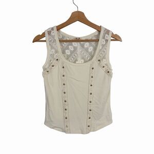 Miss Me Tank Top XL  Cream Stretchy Studded Rhinestone Lace Crop Grunge Goth